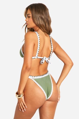 Crochet Contrast Stitch Plunge Bikini Top & High Leg Bikini Bottoms Set