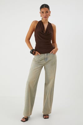 Plunge Halter Neck Ruched Wrap Top