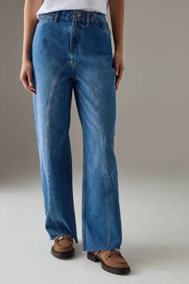 Washed Raw Waist Seam Detail Denim Dad Jean