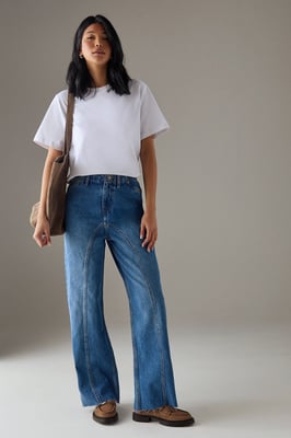 Washed Raw Waist Seam Detail Denim Dad Jean