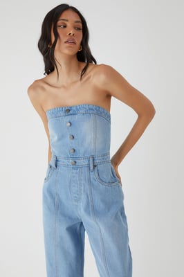 Denim Button Front Bandeau Jumpsuit