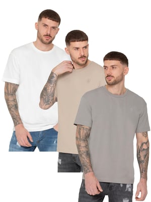 Enzo | 3 Pack Oversized Crew Neck T-Shirt - OFFWHT/OATMEL/GRY