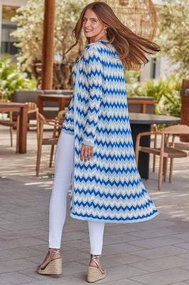 Blue Metallic Chevron Print Longline Cardigan