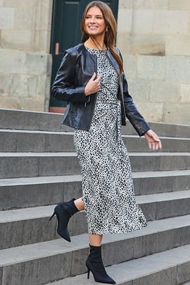 Grey Animal Print Tie Side Midi Dress