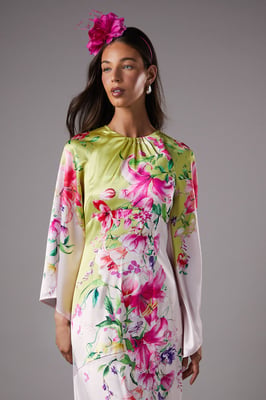Long Sleeve Satin Printed Maxi Dress