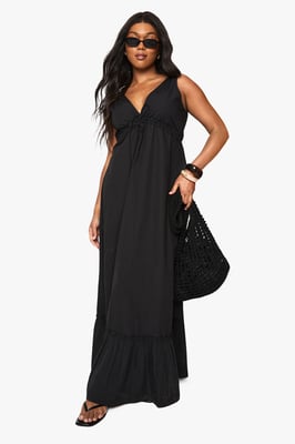 Plus Cotton Poplin Ruched Tie Detail Maxi Dress
