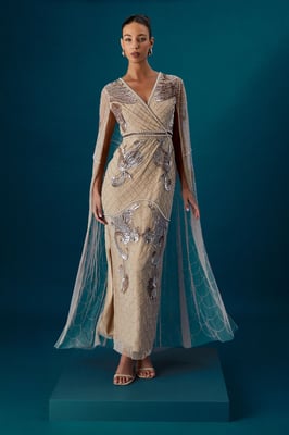 Coast Muse Heavily Embellished Maxi Dress With Cape Sleeves