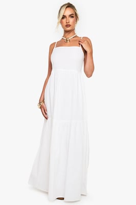 Tiered Linen Strappy Maxi Dress