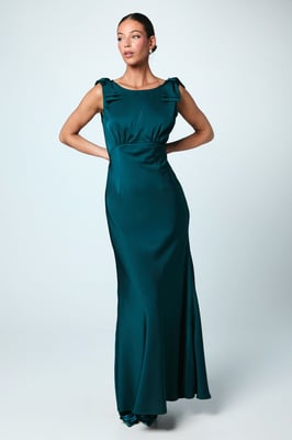 Bow Shoulder Cowl Satin Maxi Bridesmaids Dress
