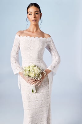 Bardot Boho Lace Fishtail Wedding Dress