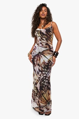 Abstract Mesh Cowl Maxi Dress