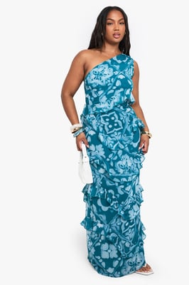 Plus Tile Print Chiffon Asymmetric Maxi Dress
