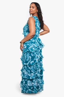 Plus Tile Print Chiffon Asymmetric Maxi Dress