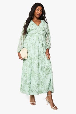 Plus Floral Chiffon Ruched Blouson Sleeve Maxi Dress