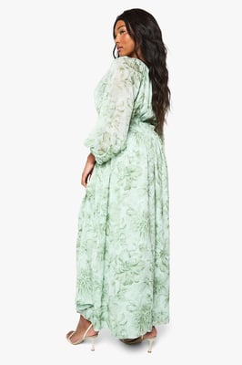 Plus Floral Chiffon Ruched Blouson Sleeve Maxi Dress