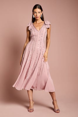 Bow Shoulder Embellished Midi Dress