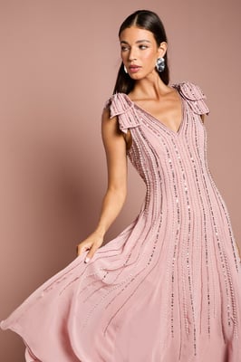 Bow Shoulder Embellished Midi Dress