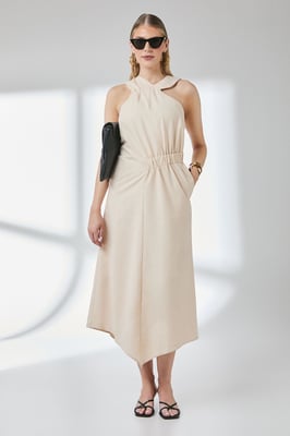 Sand Ruched Detail Linen Asymmetric Hem Halter Midaxi Dress