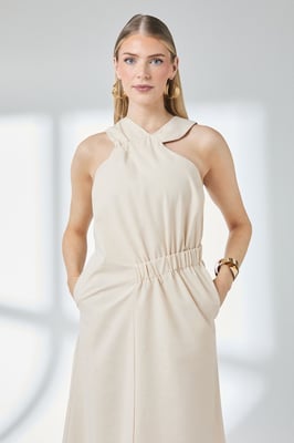 Sand Ruched Detail Linen Asymmetric Hem Halter Midaxi Dress