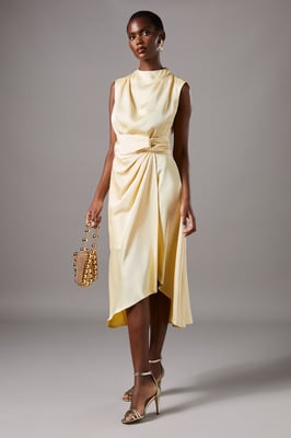 Satin Midi Dress With Twist Waist