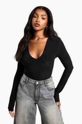 Double Layer Slinky Plunge Front Long Sleeve Bodysuit