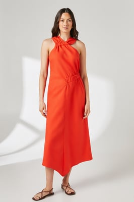 Ruched Detail Linen Asymmetric Hem Halter Midaxi Dress