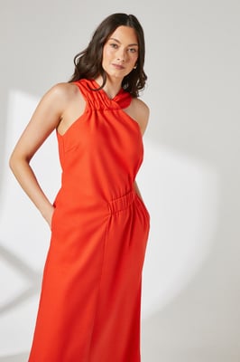 Ruched Detail Linen Asymmetric Hem Halter Midaxi Dress