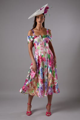 Lisa Tan Printed Organza Bardot Midi Dress