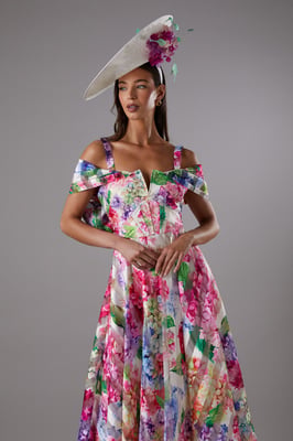 Lisa Tan Printed Organza Bardot Midi Dress