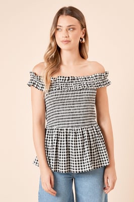 Gingham Shirred Bodice Bardot Peplum Top