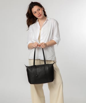 'Leonor' Black Leather Tote Bag