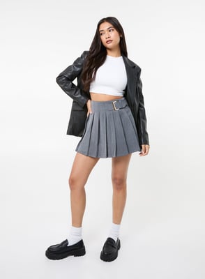 Tailored Belted Pleat Mini Skirt