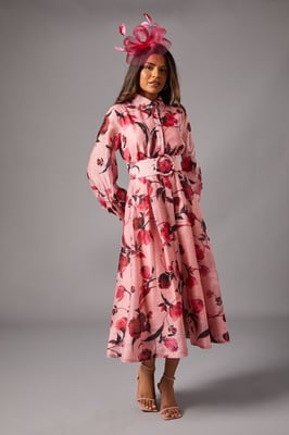 Petite Printed Organza Long Sleeve Midi Dress
