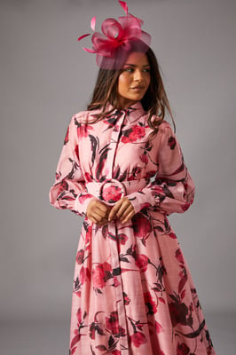 Petite Printed Organza Long Sleeve Midi Dress