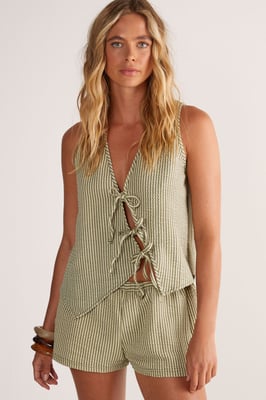 Textured Stripe Asymmetric Tie Front Vest