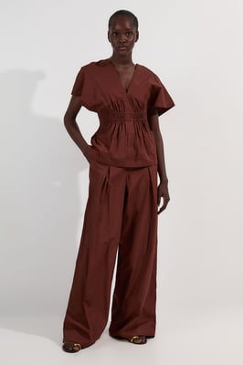 Shirred Cotton Woven Plunge Neck Short Sleeve Top