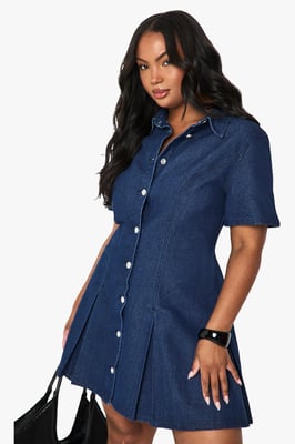 Plus Denim Button Pleated Shift Dress