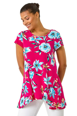 Floral Print Hanky Hem Stretch Tunic Top
