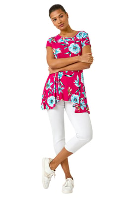 Floral Print Hanky Hem Stretch Tunic Top