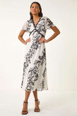 Lace Trim V-Neck Chiffon Midi Dress