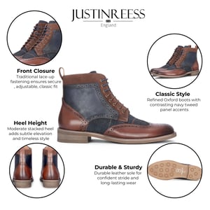 Justin Reess Heren Bruine Leren Marineblauwe Tweed Oxford Schoenen - Teddy