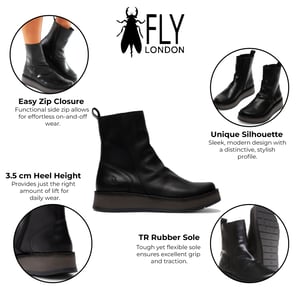 Fly London Dam Svarta RENO053FLY Läder Platå Komfort Ankelstövlar med Dragkedja