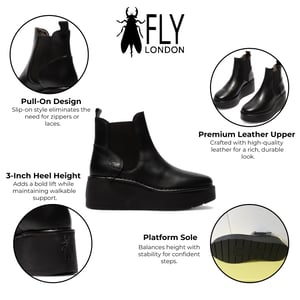 Fly London Dam Svarta HELY268 Chelsea Läder Ankel Pull-On Platform Komfortkängor