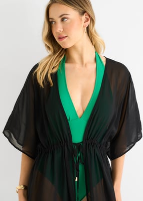 Black Flowy Open Front Beach Cover Kimono