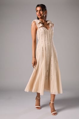 Petite Bow Shoulder Embellished Midi Dress