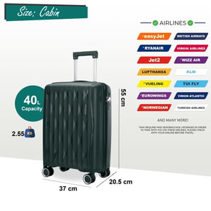 Robust kabinväska i hårt skal, 37,5 x 20,5 x 55 cm, TSA-godkännande, lämplig för Easyjet, Ryanair, Wizzair