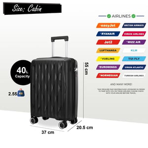 Robust kabinväska i hårt skal, 37,5 x 20,5 x 55 cm, TSA-godkännande, lämplig för Easyjet, Ryanair, Wizzair