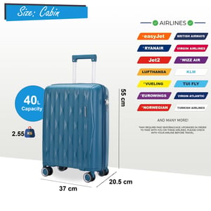 Robust kabinväska i hårt skal, 37,5 x 20,5 x 55 cm, TSA-godkännande, lämplig för Easyjet, Ryanair, Wizzair