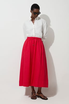 Viscose Linen Tie Waist Woven Full Midi Skirt