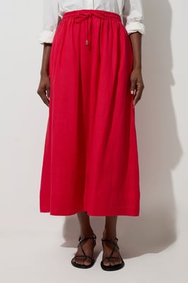 Viscose Linen Tie Waist Woven Full Midi Skirt